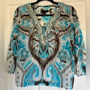 INC International Concepts Turquoise and Gray Embellished V-Neck Tunic